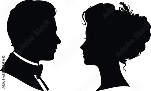 Black silhouette profile of bride and groom facing each other, romantic wedding couple, isolated on white background, vector illustration
