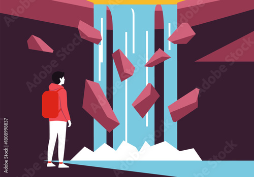 Traveler observing abstract geometric waterfall in flat design landscape