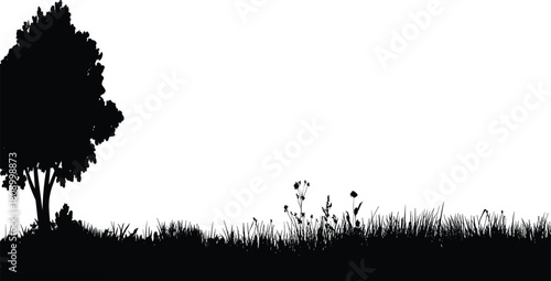 Black silhouette landscape with big tree and tall grass field, isolated on white background, vector illustration of summer nature meadow