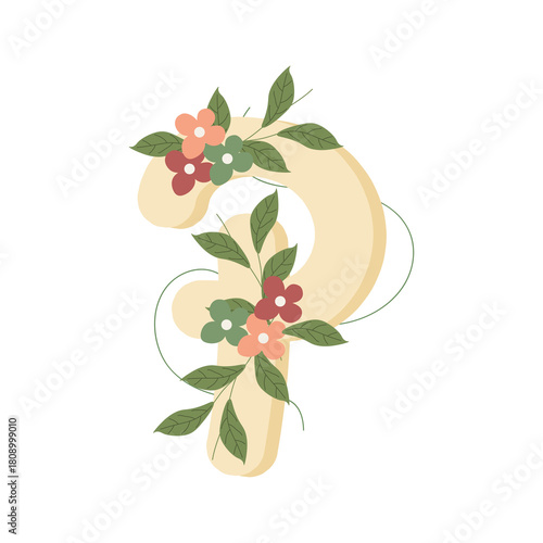 Illustration of the letter P in flat style, decorated with colorful flowers and green leaves, creating a delicate and botanical look. Ideal for monograms, invitations, and personalized stationery.