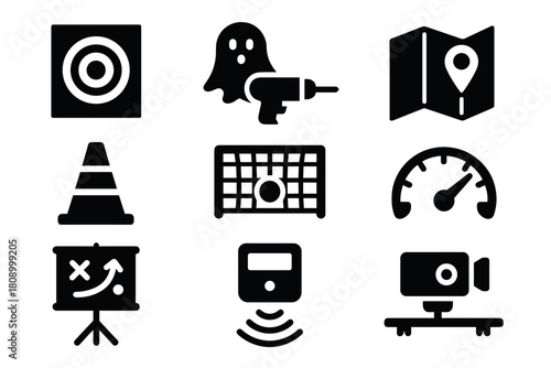 Icon set: ghost, target, tools, map, sports, navigation, technology