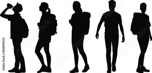 Set of black silhouettes of hikers with backpacks, men and women traveling, isolated on white background, vector illustration of adventure