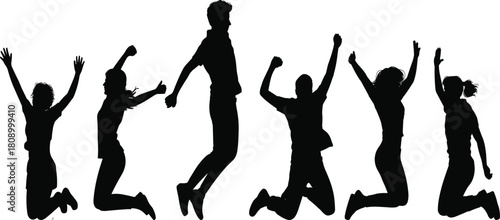 Black silhouette of happy group of young people jumping together, celebrating success and freedom, isolated on white background, vector illustration