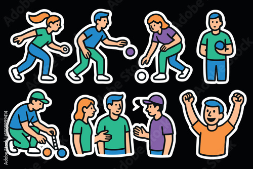 Engaging cartoon characters playing bowling and conversing in vibrant colors