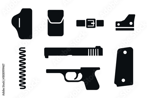 Silhouette gun parts and accessories: modern firearm components in flat design