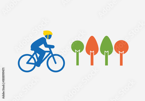 Minimalist cyclist with helmet rides past stylized trees on a clean background