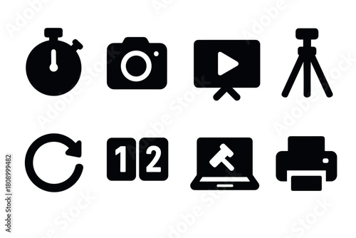 Essential black silhouette icons set: photography, video, time, and office tools