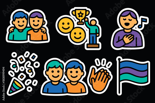 Colorful friendship icons with trophy, music, and pride flag