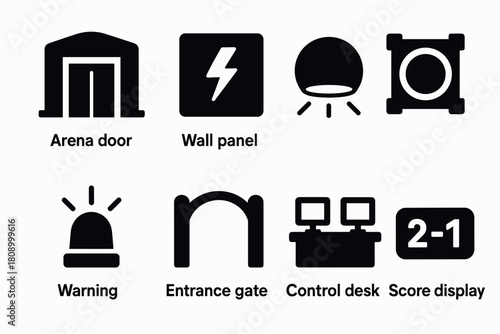 Arena elements icon set: door, panel, gate, desk, display