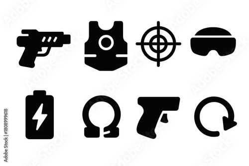 Black silhouette icons of gun, vest, target, goggles, battery, omega, pistol, reload symbol