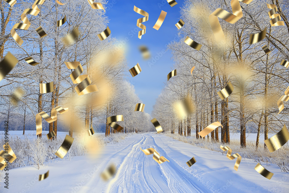 Fototapeta premium christmas confetti holiday background, winter landscape outdoor, new year