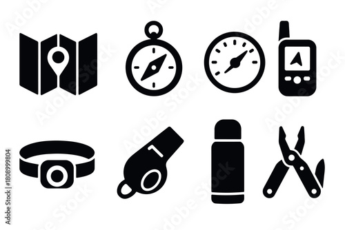 Adventure essentials: silhouette icons of outdoor gear for hiking and camping