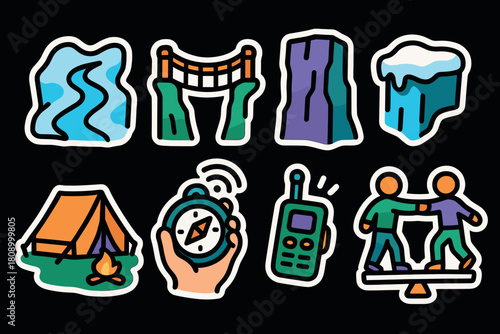 Colorful camp icons featuring nature, adventure, and hiking