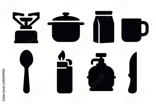 Minimalist kitchen and camping utensils silhouette set for creative designs