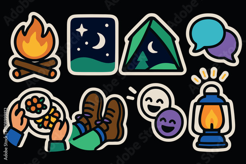 Night camping icons: cozy campfire, tent, lantern, and activities for outdoor adventures