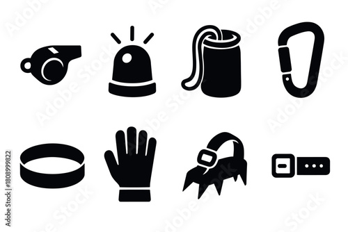 Climbing and safety gear icon set in black silhouette style