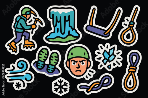 Colorful icons of winter climbing gear and activities on black background