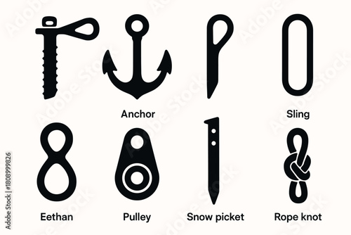 Climbing gear icons: essential tools for rock and ice adventures