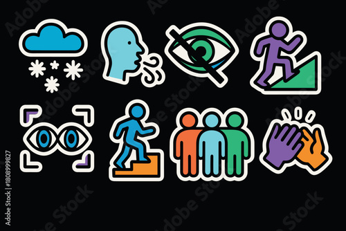 Colorful icon set featuring weather, people, and activities on black background