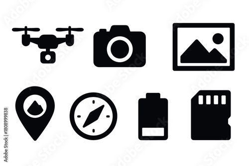 Photography and drone icons collection: camera, compass, memory card, and more