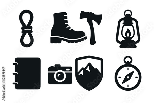 Essential camping gear icons for outdoor adventures: boots, axe, lantern, camera, and more