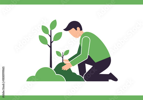 Eco-friendly concept art: person planting trees in minimalist flat design with green color palette