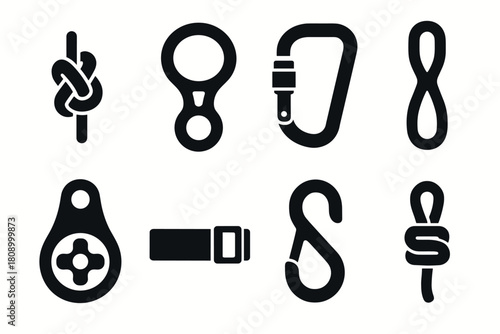 Climbing gear set: essential silhouette icons of carabiners, knots, and belay equipment