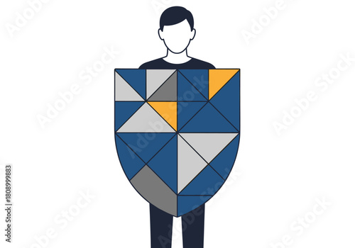 Geometric shield design with colorful triangles held by simplistic figure