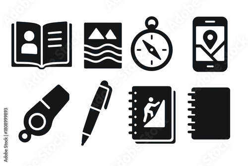 Adventure essentials icons: camping, navigation, and writing tools in bold silhouette style