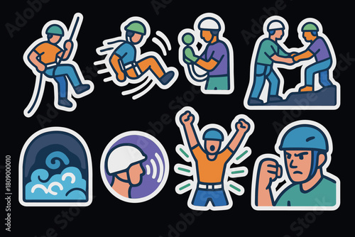 Adventure stickers: rock climbing fun and teamwork icons
