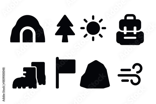 Outdoor adventure icons featuring camping, hiking, and nature elements in bold silhouette style
