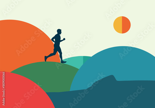 Silhouette runner in abstract landscape with geometric hills and sun