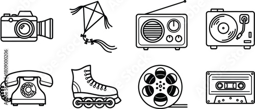 Vector art of a collection of vintage electronic and recreational items