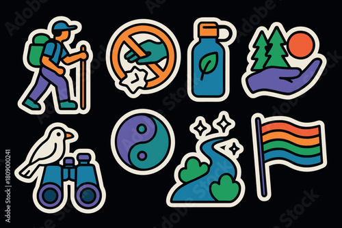 Colorful eco-friendly outdoor symbols with hiking, nature, and conservation themes