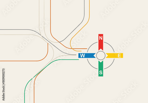 Colorful abstract network with compass design featuring curved lines and directions