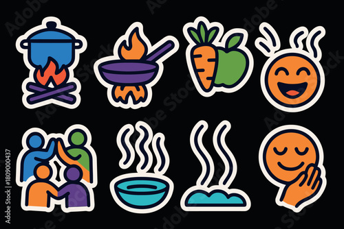 Vibrant cooking and food emojis with bold colors on black background