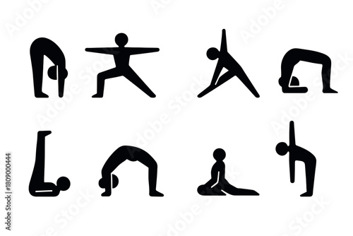 Silhouette yoga poses collection: simple black icon set on white background