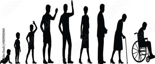 Human life cycle silhouette showing stages from baby and child to adult and elderly man sitting in wheelchair vector illustration