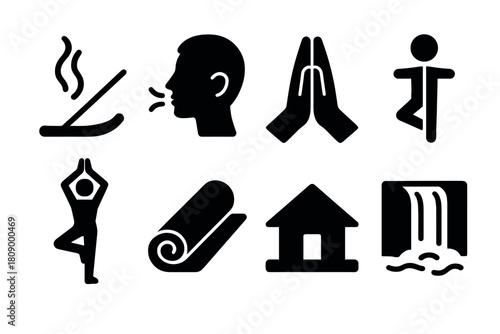 Silhouette icons of yoga, meditation, and relaxation activities
