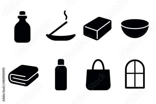 Minimalist icons of wellness objects including book, bag, and window