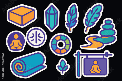 Modern wellness stickers featuring meditation, nature, and relaxation icons
