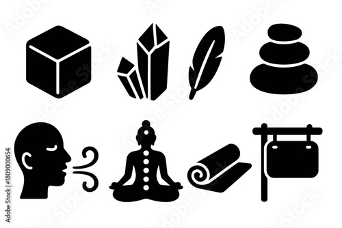 Minimalist wellness icons: cube, crystals, feather, stones, meditation, yoga, sign