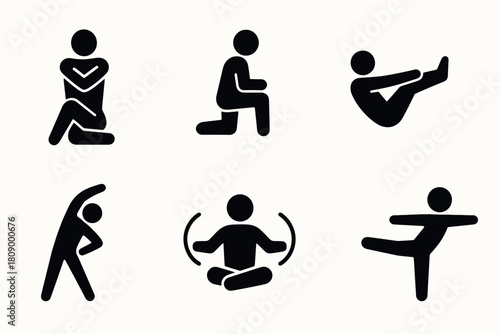 Yoga and exercise pictogram set: simple black workout icons for fitness designs