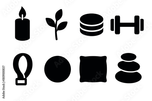 Silhouette icons: candle, plant, dumbbell, macarons, pillow, stones, balloon