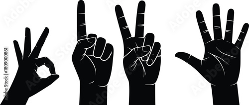 Vector set of black hand silhouettes showing okay sign, pointing finger, peace gesture and open palm isolated on white background