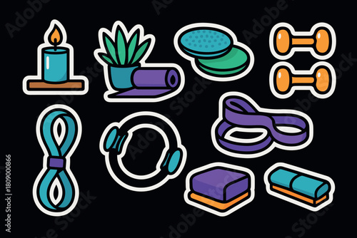 Colorful fitness and yoga equipment stickers on black background