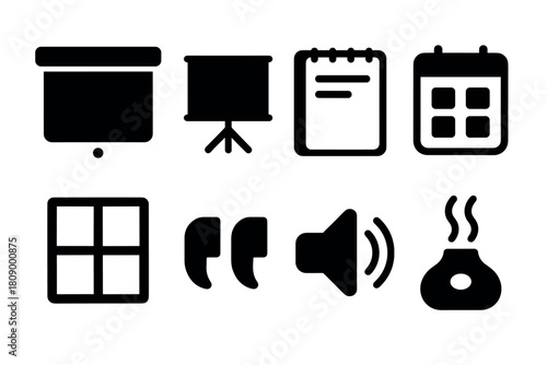 Simple icon set: multimedia, calendar, and office tools in minimalist style