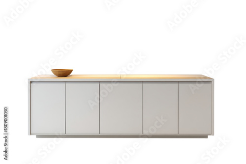 White modern sideboard with wooden bowl on light wood top cabinet furniture