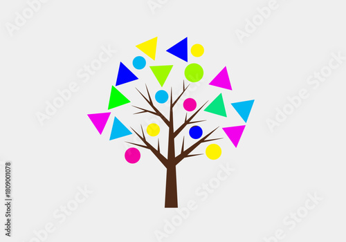 Colorful geometric tree with vivid triangles and circles on gray background