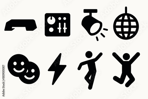 Silhouette icons for party and dance: disco ball, spotlight, dj mixer, and happy dancers